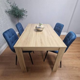 Kosy Koala Oak Effect Wood Dining Set Table with 4 Blue Velvet Chairs in Light Brown