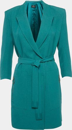 Elisabetta Franchi Green Shimmering Crepe Belted Double Breasted Jacket