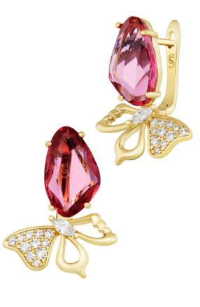 Savvy Cie Jewels GOLD PLATED OVER BRASS PINK GLASS AND WHITE CZ EARRINGS
