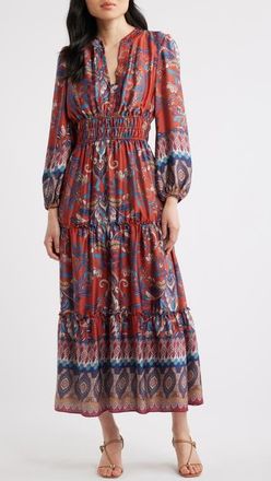 Julia Jordan Paisley Floral Long Sleeve Tiered Dress in Rust Multi at Nordstrom, Size 16