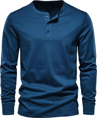 Generic Mens Henley T-Shirt Long Sleeve Lightweight Regular Fit Casual with Button Grandad Shirts Solid Color Casual Tops Mens Grandad Collar Henley T Shirts 