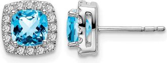 Diamond2Deal 14k White Gold Cushion Blue Topaz and Diamond Halo Stud Earrings