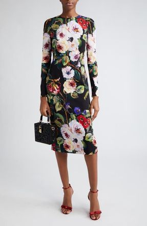 Dolce & Gabbana Floral Print Long Sleeve Charmeuse Sheath Dress in Nero at Nordstrom, Size 10 Us