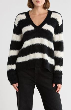 ATM Anthony Thomas Melillo Stripe V-Neck Sweater in Chalk/black at Nordstrom Rack, Size X-Small