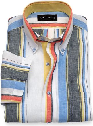 Paul Fredrick Slim Fit Non-iron Linen Stripe Dress Shirt With Contrast Trim