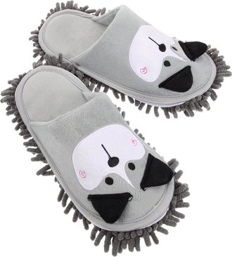 Frcolor OATIPHO Mop Slippers for Women Medium Size 38-41, Thickened Gray Chenille Microfiber Floor Cleaning Shoes with Cute Dog Pattern, Detachable and Washab