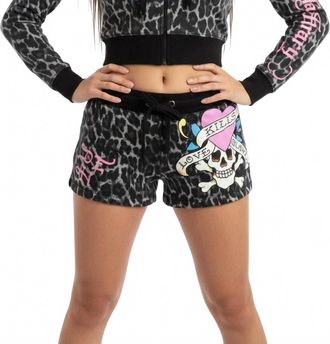 Ed Hardy Love Kills Slowly Pink Skull Zip Front Hoodie In Black Leopard