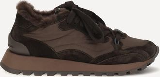 Brunello Cucinelli Sneakers in camoscio e tessuto techno con fodera in shearling e monile Woman 36