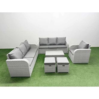 Fimous 9 Seater Poly Rattan Outdoor Garden Furniture Sofa Set Patio 3 Seater Sofa Reclining Chair 3 Seater Sofa Stools Light Grey - Fimous