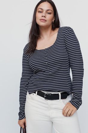 Pilcro Ribbed V-Neck Henley Tee