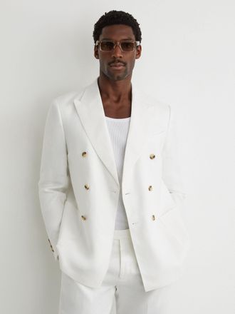 Reiss White Atlantic Linen-twill Double-breasted Blazer Tailored-fit, 42