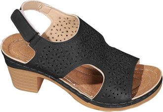 Generic Womens Orthopedic Block Heel Sandals Wedge Leather Eyele Breathable Walking Shoes Fish Mouth Open Toe Dressy Sandal Plus Size Regular Fit Sandals (Bla