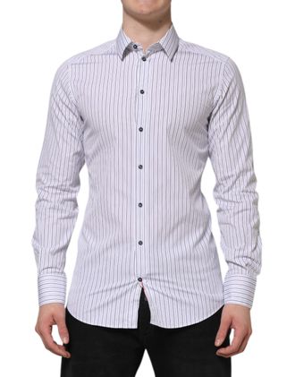 Dolce & Gabbana Mens White Blue Striped Cotton Gold Formal Shirt And