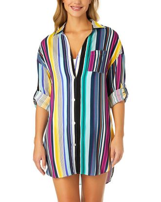 Anne Cole Boyfriend Button Down Cover Up Shirt