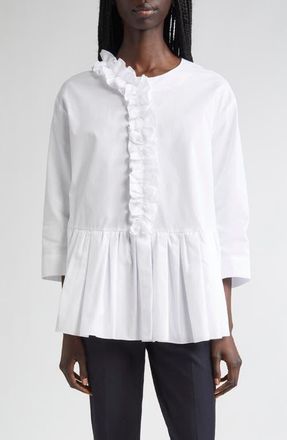 Max Mara Musa Flounce Detail Washed Cotton Poplin Shirt in Optical White at Nordstrom, Size 6