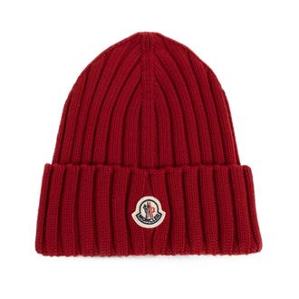 Moncler Logo Patch Beanie - female - Moncler - Accessories - Red - ONE SIZE - Accessories