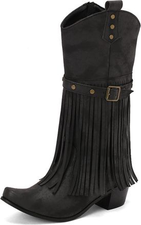 Generic Womens Fringe Decorated Pointed Toe Faux Leather Cowboy Boots Chunky Heel Mid Calf Boots Stylish Comfortable For Fashion Party Daily,Black,7.5 UK