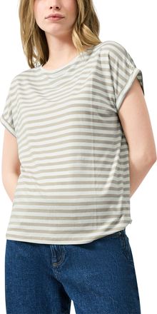 QS by s.Oliver Kurzarmshirt QS, Damen, Gr. XXL (44), beige wei&szlig;, Jersey, Obermaterial: 95% Lyocell, 5% Elasthan, gestreift, normal h&uuml;ftbedeckend, Rundhals, Shirts Ku