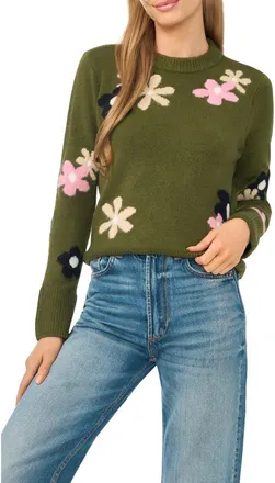 CeCe by Cynthia Steffe Floral Crewneck Sweater in Grecian Olive at Nordstrom, Size X-Small