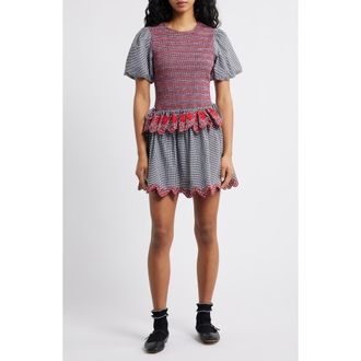 Damson Madder Audrey Mixed Media Organic Cotton Gingham Dress in Black at Nordstrom Rack, Size 10 Us / 14 Uk