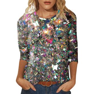 Generic Glitter Sparkle Top Oversized T Shirts for Ladies Womens Sequin T Shirt Design Three Quarter Sleeved Round Neck Fashion Top