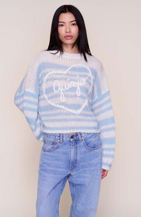 Guizio Mohair Alpaca Blend Heart Sweater in Blue And White Stripes at Nordstrom, Size Xx-Large