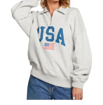 Chaser Usa Quarter Zip Oversized Sweatshirt In Heather Gray