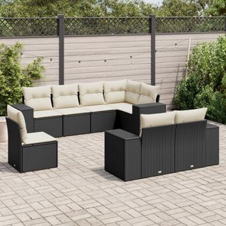 vidaXL Set De Sof&aacute;s De Jard&iacute;n 8 Piezas Y Cojines Rat&aacute;n Sint&eacute;tico Negro Vidaxl