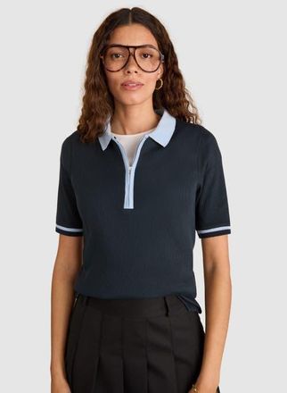 Baukjen Lydia Cotton Rib Zip Collar Top in Navy & Ice Blue at Nordstrom, Size 12