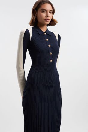 Karen Millen Womens Rib Knit Military Colour Block Midi Dress - Navy Polyamide - Size X-Small