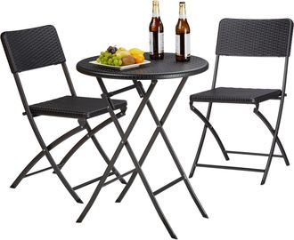 Relaxdays Relaxdays - Set Mesa Y Sillas Jard&iacute;n Bastian, Plegable, 3 Unidades, Efecto Rat&aacute;n, Muebles Exterior, 75,5x60x60 Cm, Negro