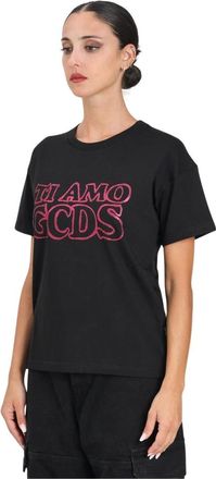 GCDS Gcds, Tops, Dames, Zwart, S, Katoen, Zwarte T-shirt met korte mouwen en TI Amo print