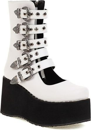 Generic Womens Round Toe Gothic Punk Boots with Bat Wing Buckles Wedge Heel Platform Short Boot PU Leather Ankle Boot with Zipper,White,4.5 UK