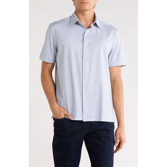 Bugatchi Geometric Print Stretch Cotton Short Sleeve Button-Up Shirt in Air Blue at Nordstrom Rack, Size Xxx-Large