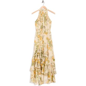 CeCe by Cynthia Steffe Floral Halter Neck Ruffle Chiffon Maxi Dress in Sunflower at Nordstrom Rack, Size 16