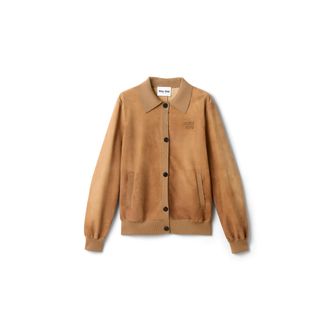 Miu Miu Waxed Suede Blouson Jacket, Woman, Sand Beige, Size 36