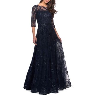 La Femme A-line Lace Sequin Gown with Sheer Scoop Neckline in Navy at Nordstrom, Size 10