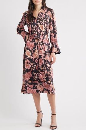 Julia Jordan Long Sleeve Tie Belt Satin Midi Shirtdress in Black Multi at Nordstrom Rack, Size 16