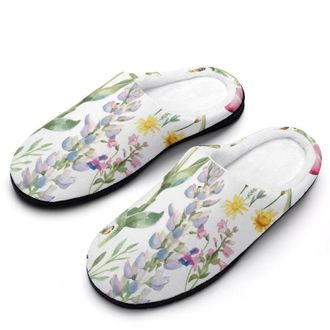 Generic Flowers Tulip Butterflies Mens Slippers Slip On Comfortable Fleece Cotton House Shoes Winter