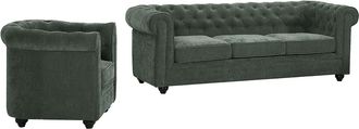 Vente-Unique Sof&aacute; 3 plazas y sill&oacute;n en tela verde CHESTERFIELD