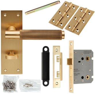 Loops Door Handle & Bathroom Lock Pack Satin Brass Knurled Lever Turn Backplate