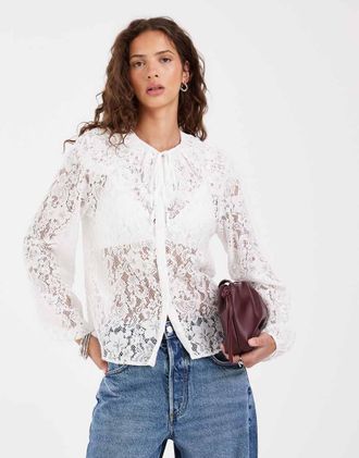 Object Blusa bianca in pizzo a maniche lunghe-Bianco