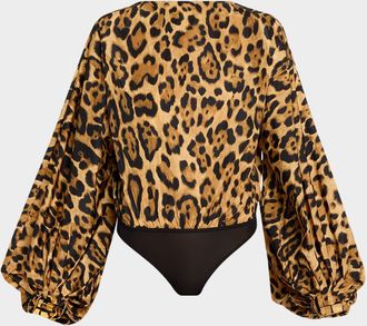 Alaia Leopard-Print Balloon-Sleeve Backless Bodysuit