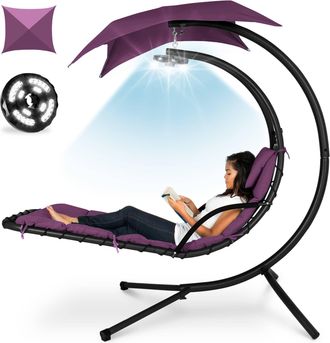 Best Choice Products Hanging LED-Lit Curved Chaise Lounge Chair for Backyard, Patio w/ Pillow, Canopy, Stand