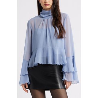 Open Edit High Neck Chiffon Top in Blue Umbra at Nordstrom, Size Xx-Small