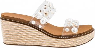 Corkys Footwear Womens Look Whos Here Wedge Sandal In Clear With Pearls