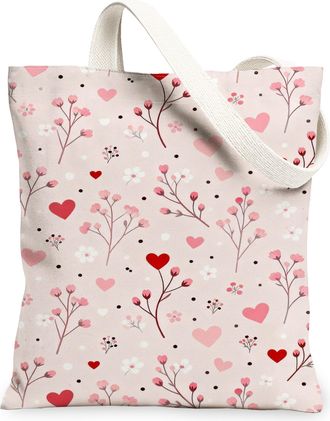 Generic Floral Canvas Tote Bags, Heart Flower Pattern Reusable Grocery Bags, Spring Vintage Lightweight Washable Shoulder Strap Can, Peach, 13x15 Inch