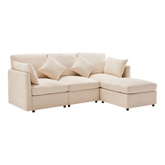 STILVORA Sof&aacute; Esquinero Convertible 3 Plazas En Chenilla Con Puff M&oacute;vil, Asiento Ergon&oacute;mico Y 4 Cojines, Beige