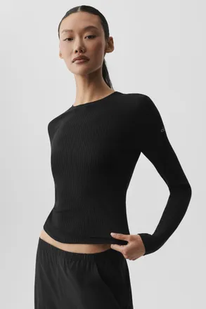 Alo | Ribbed Sea Coast Long Sleeve Top in Black, Size: Medium