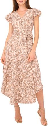 Vince Camuto Abstract Print Flutter Sleeve Midi Dress in Camel at Nordstrom, Size Xx-Small